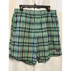 Vintage Speedo Mens Plaid Swim Shorts Green & Blue Elastic Waist XL